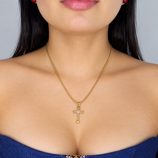 Cadena Grabada + Dije Cruz Piedra - Mujer