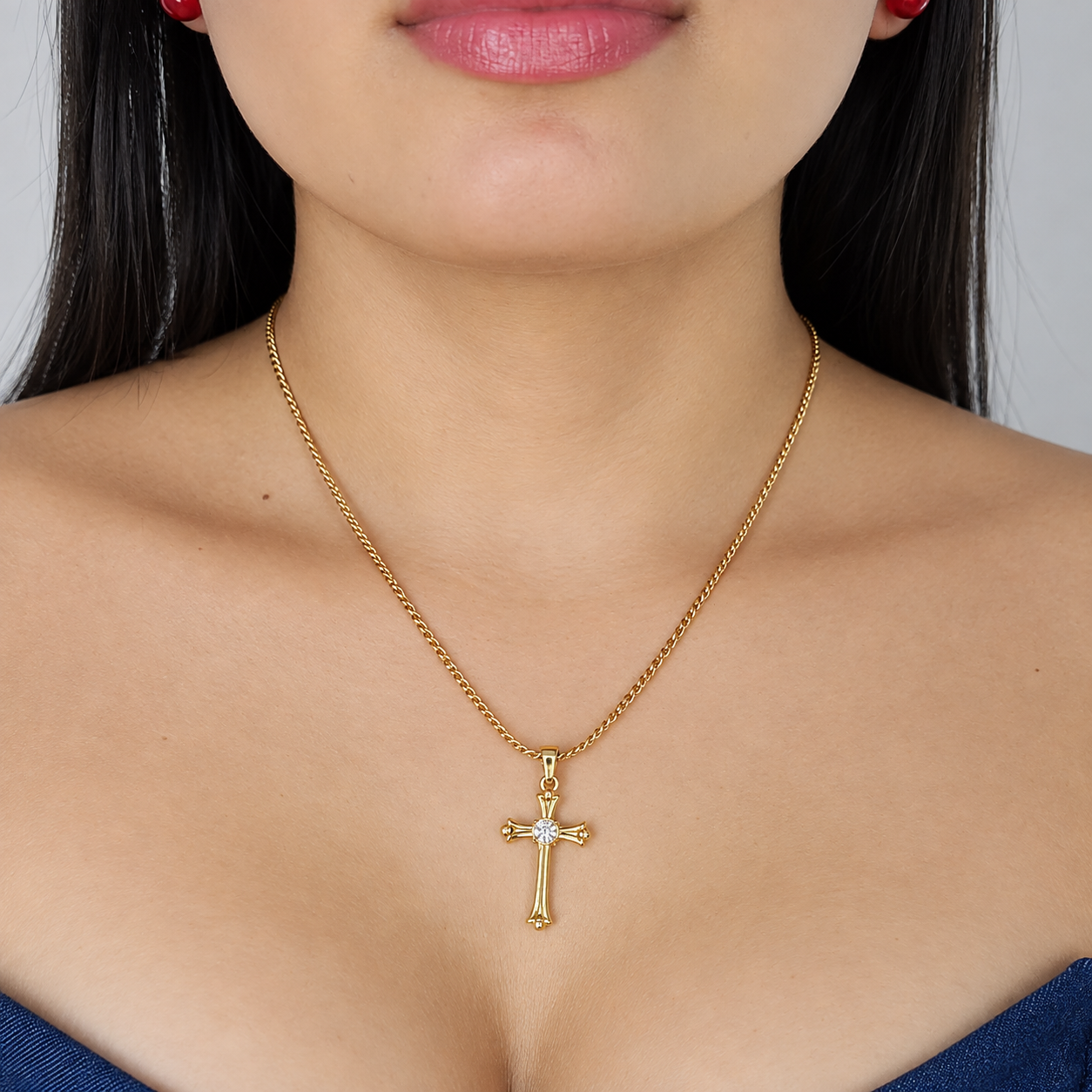 Cadena Grabada + Dije Cruz Piedra - Mujer