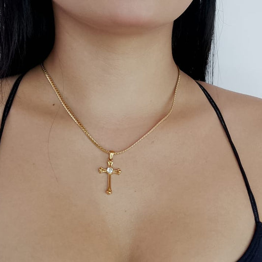 Cadena Grabada + Dije Cruz Piedra - Mujer